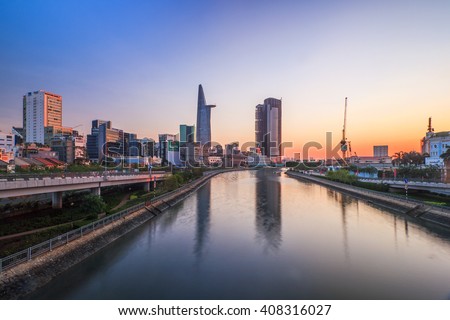 SAIGON, VIETNAM - APRIL 20, 2016: Top view of Saigon River at night time. Saigon River (the length of 256 kilometers) is most important to Ho Chi Minh City as it is the main water supply.