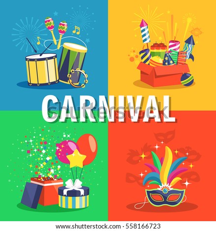 Carnival Concept with Musical Instruments Pyrotechnics Gifts and Masks