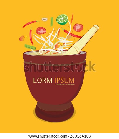 papaya salad with mortar and ingredients on orenge background