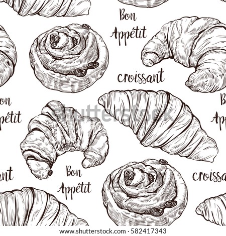 Croissant And Sweet Buns Pattern Seamless Background With A French Hand Drawn Sketch Croissant And Sweet Buns Pattern Seamless Background With A French Hand Drawn Sketch