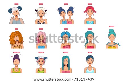 Set All Zodiac Signs Symbols Cartoon 