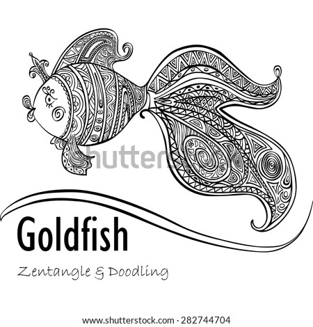 Goldfish and patterned tail black line on a white background
