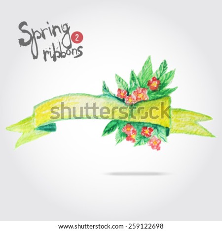Vector watercolor yellow ribbon with bright flowers and leaves. Artistic vector design for banners, greeting cards, spring sales, wedding ivitation