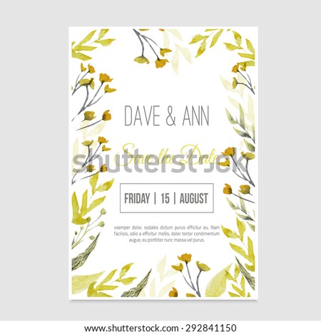 Vector Watercolor Save The Date Card In Rustic Style With Green Leaves On Craft Paper Vector Watercolor Save The Date Card In Rustic Style With Green Leaves On Craft Paper