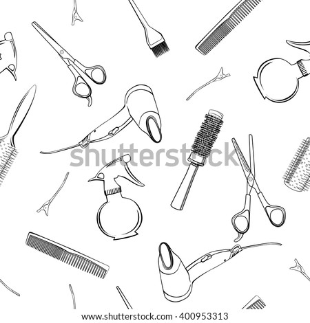 Seamless pattern with Professional hairdresser tools isolated on white. Fashion and beauty background. Vector.