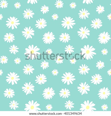 Cute seamless pattern with white chamomiles on a pastel blue background
