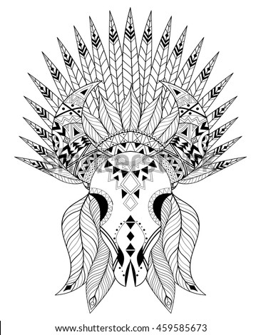 Zentangle Stylized Animal Skull With Warbonnet Hand Drawn Ethnic Tattoo For Adult Coloring Pages