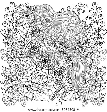 Zentangle Stylized Unicorn On Roses Sunflowers Freehand Sketch For Adult Anti Stress Coloring Page