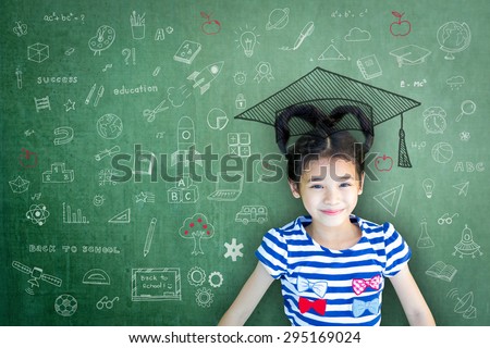 Happy Asian school child girl love heart shape hair on green board/ chalkboard background with freehand doodle: Smiling female little future children scholar on chalk blackboard backdrop drawing idea