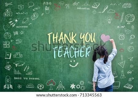 Thank You Teacher greeting card for World teacher's day concept with school student back view drawing doodle of of learning education graphic freehand illustration icon on green chalkboard