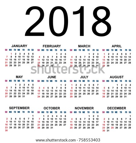 European Calendar 2018 Template Week Starts Stock Illustration ...