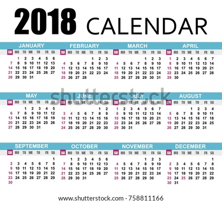 European Calendar 2018 Template Week Starts Stock Illustration ...