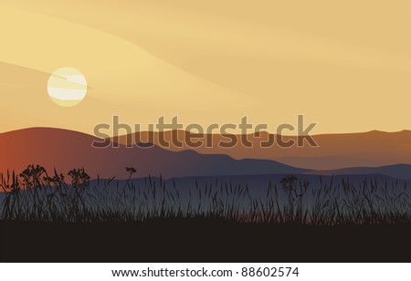 landscape, vector illustration sunset in mountains