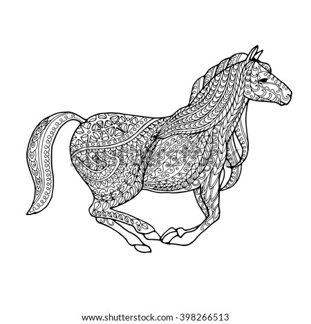 Decorated Running Horse Zentangle Page For Adult Colouring Book