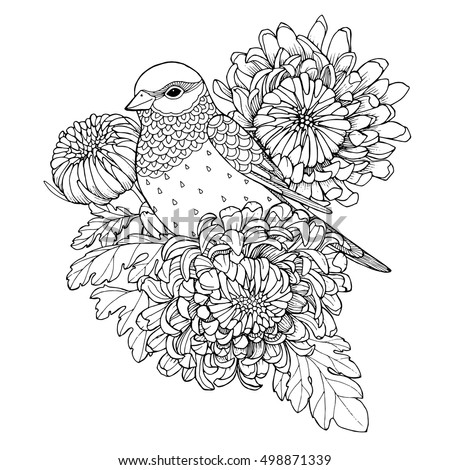 Download Patterned Bird Sitting On Chrysanthemum Branch Stock Vector 498871339 - Shutterstock