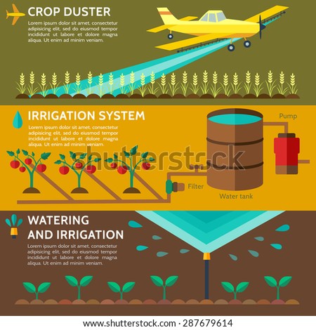 Automatic Sprinklers Watering. Agriculture, low flying yellow crop duster spraying agricultural chemicals pesticide a farm field. Watering irrigation system. Vector Illustration.