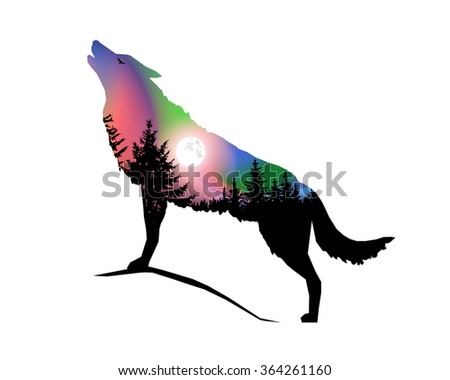 Download Silhouette Howling Wolf Coniferous Trees On Stock Vector ...