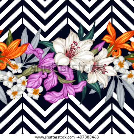 Vector tropical leaves and flowers seamless pattern. Hand painted illustration on geometric background