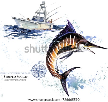 swordfish. watercolor Marlin illustration. Atlantic fishing