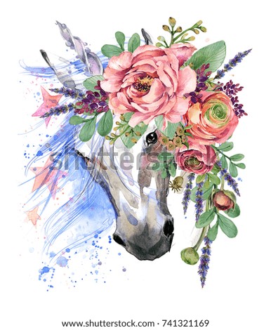 Unicorn Watercolor Flower Bouquet Illustration Fantasy ...