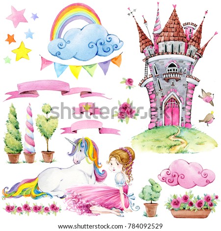 fairy tale kingdom set of watercolor illustration. Castle Princess. Unicorn. Princess girl. magic world background.