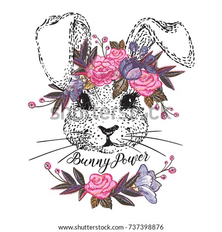 Download Beautiful Bunny Floral Vintage Embroidery Wreath Stock ...