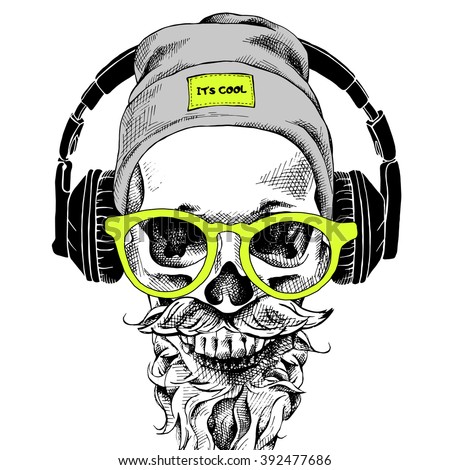 Skull Beard Mustache Hipster Hat Headphones Stock Vector 