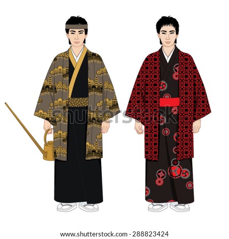 Two men in a kimono. Vector illustration set.