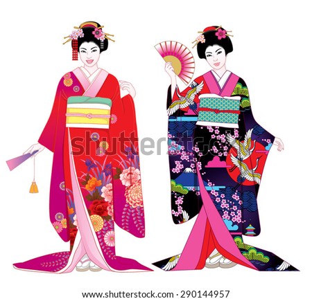 Beautiful japanese girls in kimono. Vector illustration set.