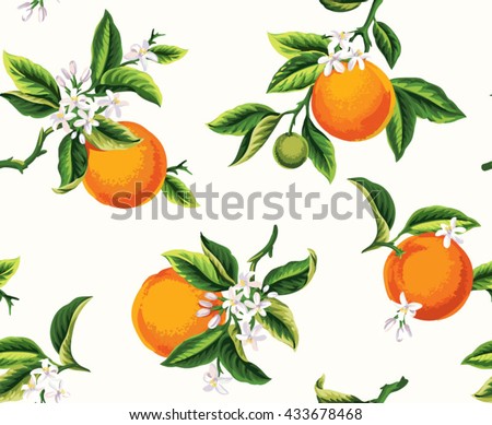 Seamless pattern with orange fruits, flowers and leaves on a light background. Vector illustration.
