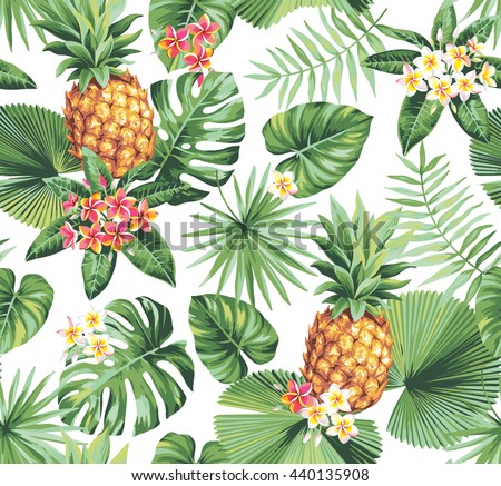 Hawaiian seamless pattern with pineapples, tropical palm leaves and flowers. Vector illustration.