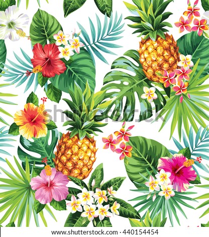 Seamless tropical pattern with pineapples, palm leaves and flowers. Vector illustration.