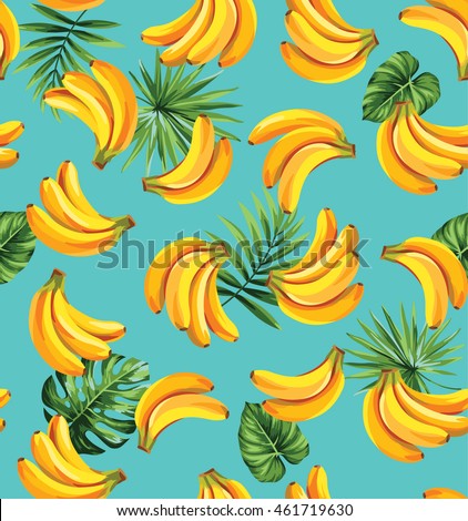 Seamless pattern with tropical palm leaves and bananas. Vector illustration.