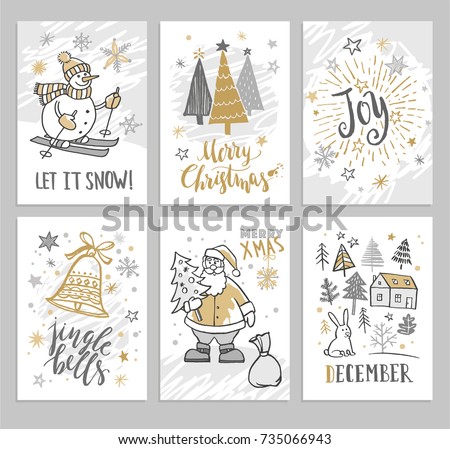 Christmas hand drawn cards with Christmas trees, snowman and snowflakes. Vector illustration.