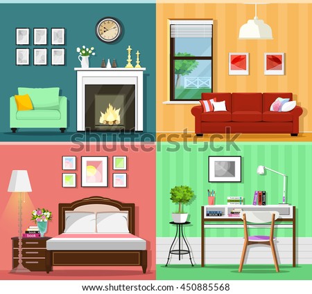 Set of colorful graphic room interiors with furniture icons: living rooms with sofa, window, armchair, fireplace; bedroom with bed and lamp; home office with desk, chair and flowerpot. Flat style.