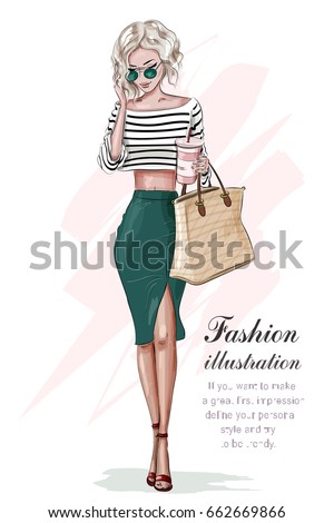 stock vector stylish blonde girl in fashion clothes with bag and coffee cup hand drawn beautiful girl fashion 662669866