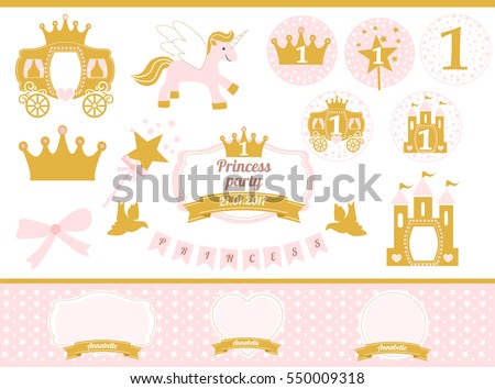Pink and gold princess party decor. Cute happy birthday card template elements. Birthday party and girl baby shower design elements set. Seamless pattern backgrounds. Little princess
