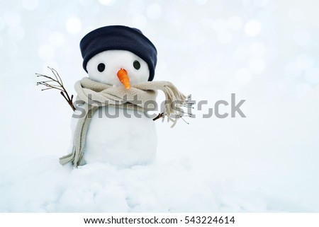 Small snowman in a cap and a scarf on snow in the winter. Festive background with a lovely snowman. Christmas Card, copy space