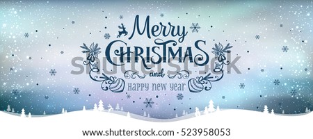 Merry Christmas and New Year typographical on holidays background with winter landscape with snowflakes, light, stars. Vector Illustration. Xmas card