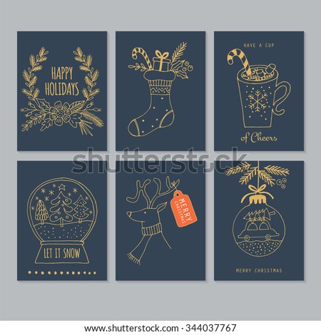 Christmas hand drawing greeting card set in blue and gold. Isolated vector illustration