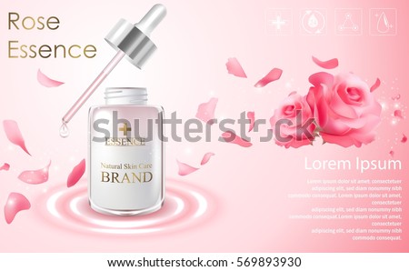 Vector illustration of Cosmetic ads template with essence bottle and red rose on light pink background