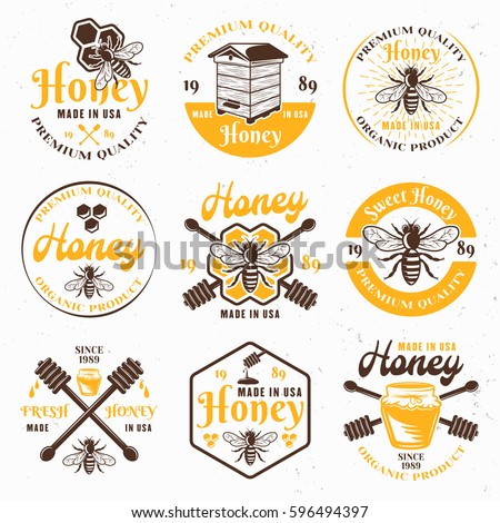Honey and apiary set of colored vector emblems, labels, badges and signs for package design isolated on light background