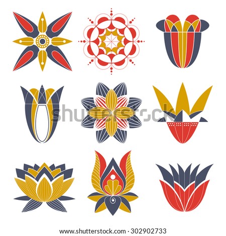 set of stylized silhouettes of flowers without internal fill patterns for logos, symbol of the plants, ornamental lily