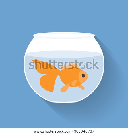 Gold fish in bowl, flat design with long shadow