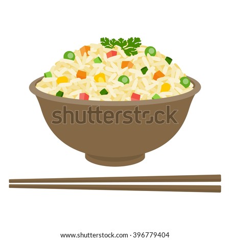 Fried rice in bowl with chopsticks, flat design