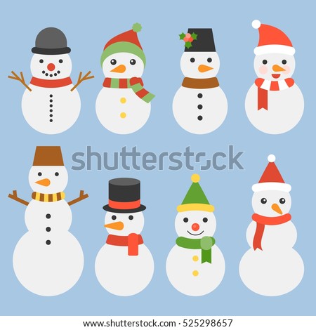 Snowman collection for christmas and winter, cute character flat design vector