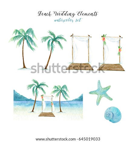 Beach Wedding Elements Watercolor Set With Palm Trees Sea Landscape Shells And Beach Wedding Elements Watercolor Set With Palm Trees Sea Landscape Shells And