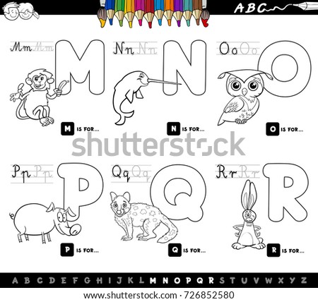 Black And White Cartoon Illustration Of Capital Letters Alphabet Set With Animal Characters For Reading