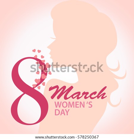 8 March international women day with lady silhouette and pink heart with text background for card. vector illustration.