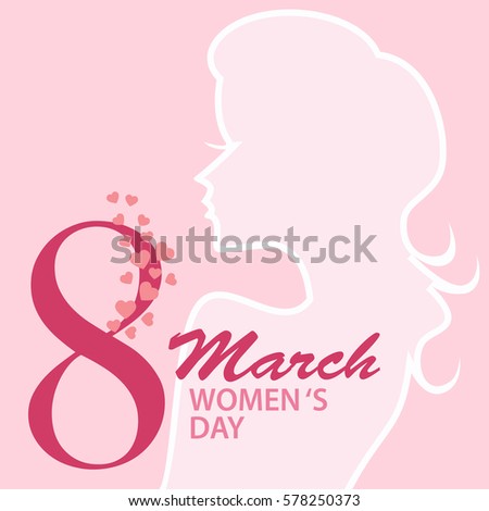 8 March international women day with lady silhouette and pink heart with text background for card. vector illustration.